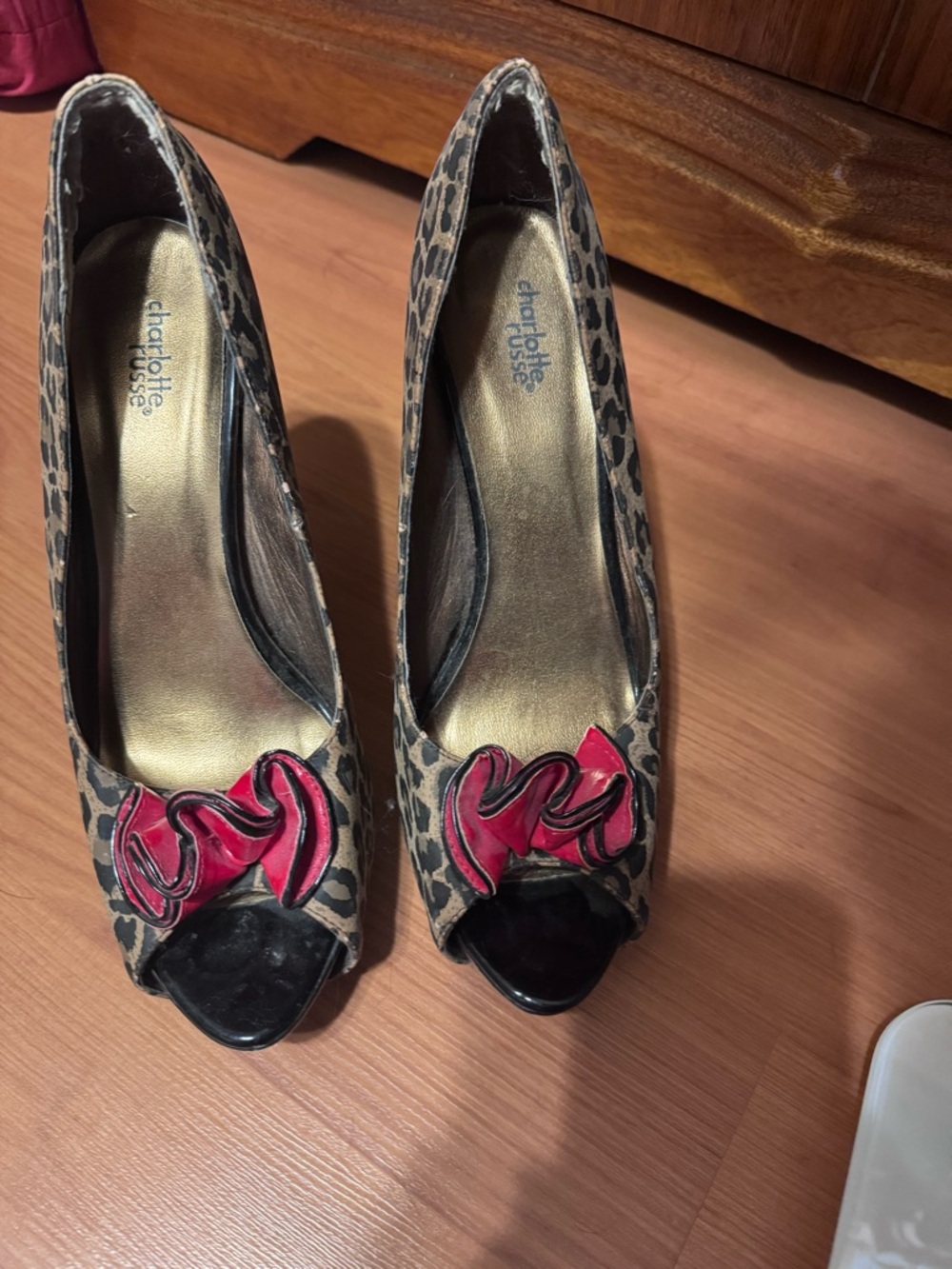 Charlotte Russe Leopard Peep-Toe Heels with Red Bow Accent